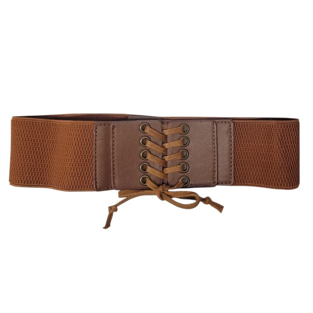 Brown Wide Elastic Corset Belt Lace Up‎ Faux Leather Cinch Waistband  26-30 in